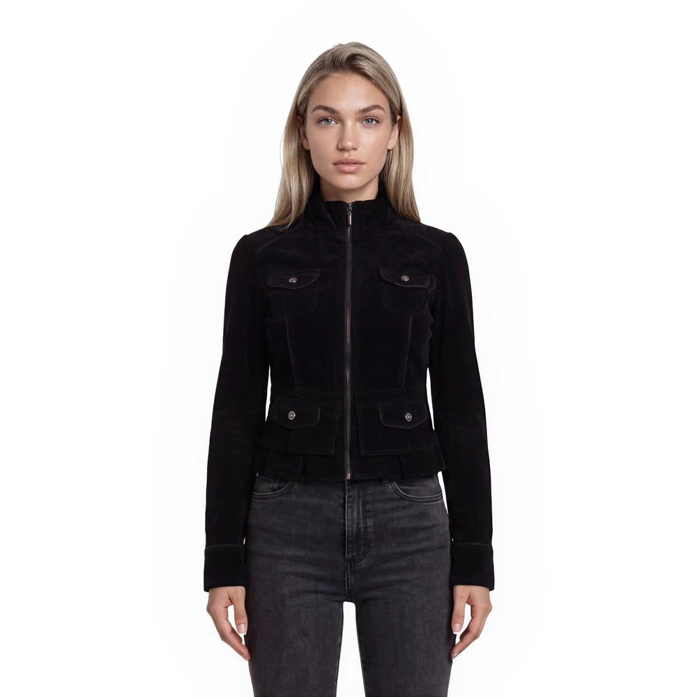 White House Black Market Corduroy Jacket Women's Size 6 Black Zip Peplum Utility